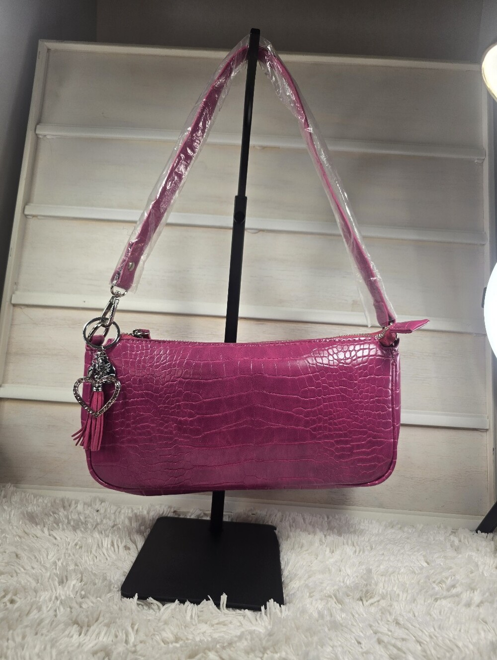 Women's Pink faux Croc-Embossed Shoulder Bag with detatchable bag charm